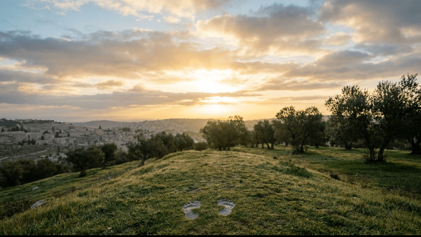 A hilltop at dawn with footprints pressed into the grass and warm golden light breaking through clouds above, evoking Christ's Ascension into heaven