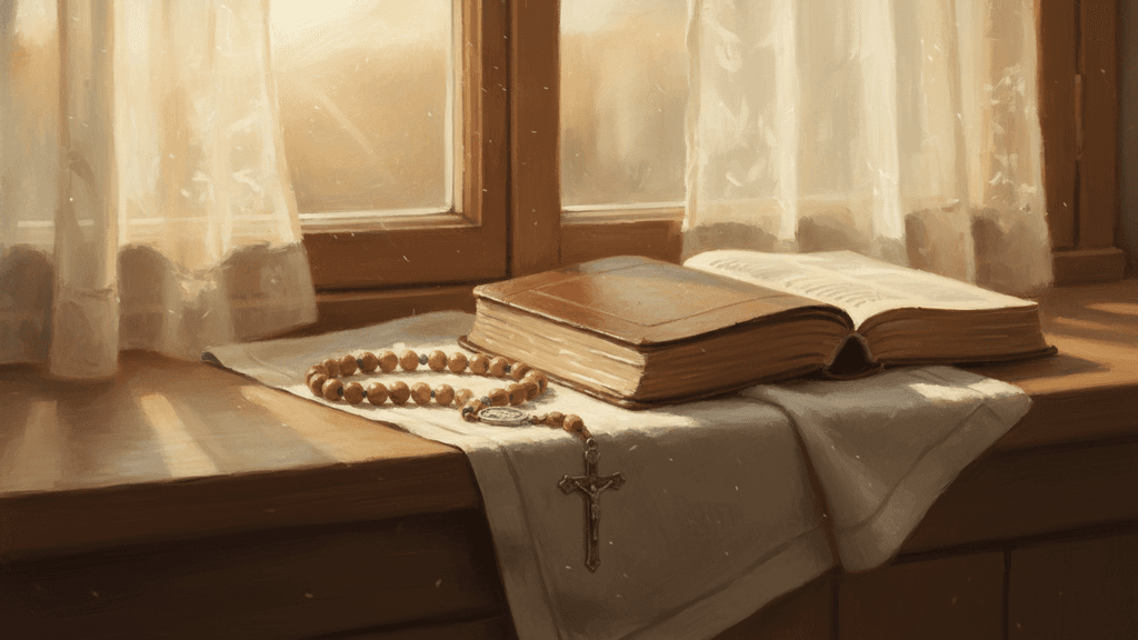 A wooden rosary and an open Catholic prayer book on a windowsill with soft morning light — the Morning Offering consecrates the whole coming day to God