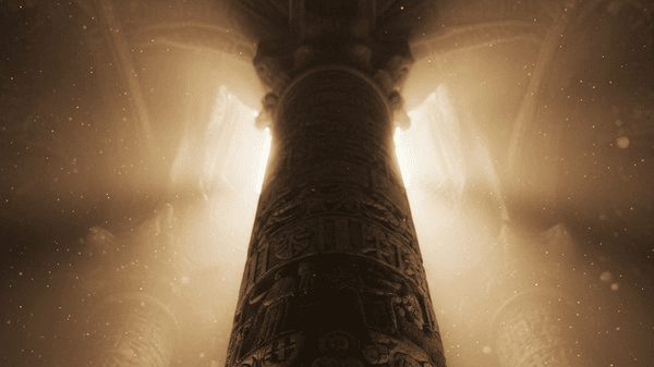 A stone pillar rising through soft golden mist and light — a symbol of strength and steadfastness in Catholic prayer