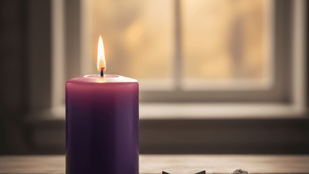 A lit purple candle with a small cross and ashes on a wooden table — a Lenten prayer guide