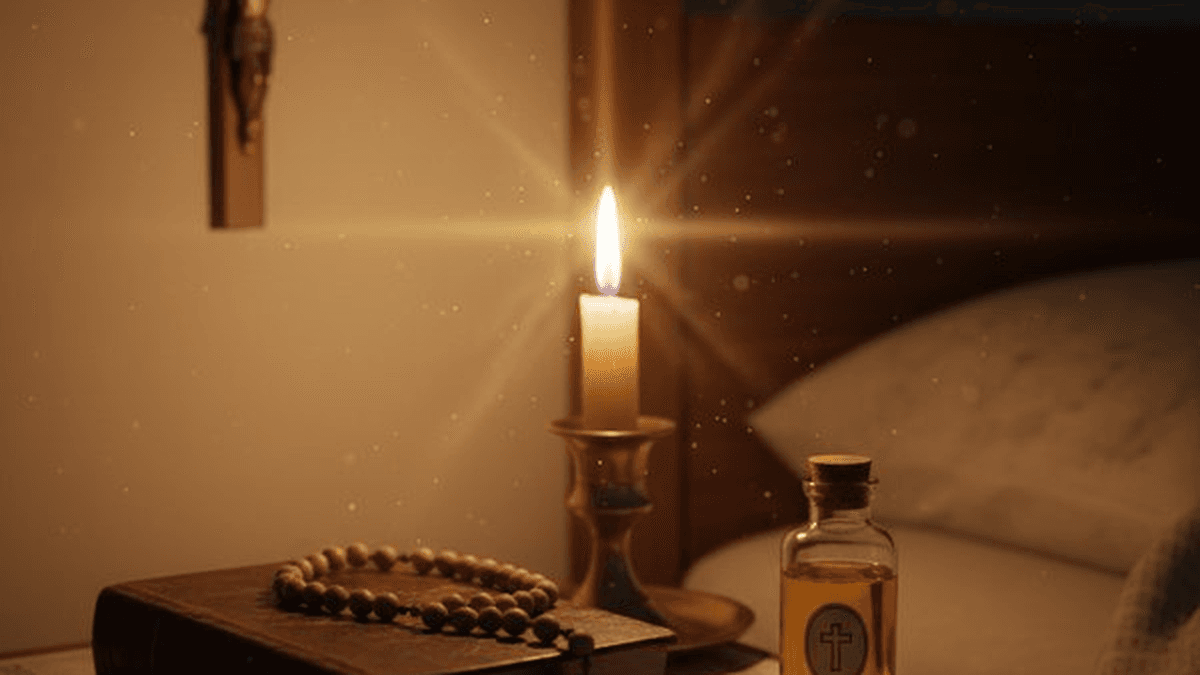 A lit candle beside rosary beads and clasped hands on a wooden bedside table — a symbol of faith and intercession during illness
