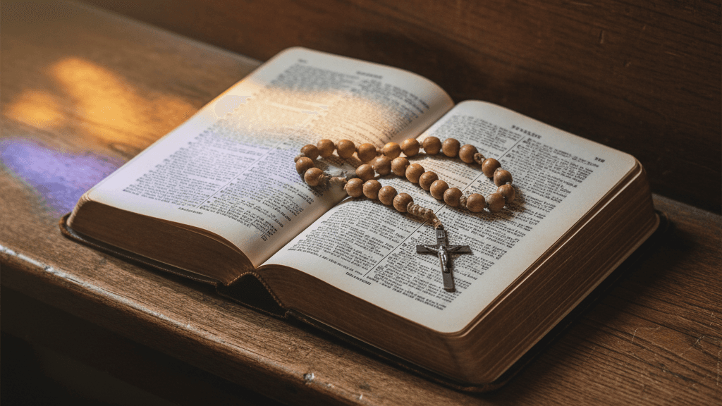 An open Bible resting on a wooden church pew with a simple wooden rosary draped across its pages, warm morning light through stained glass — a visual bridge between Catholic and Protestant Christian traditions