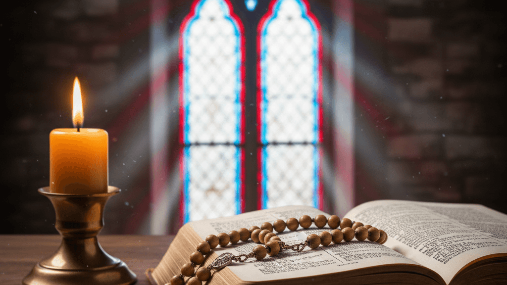 Rosary beads on a prayer book illuminated by candlelight — Divine Mercy Chaplet guide