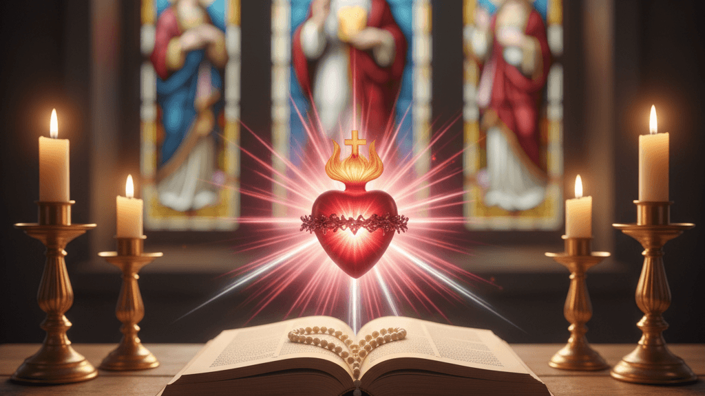 Rays of red and white light with a rosary and prayer book on a wooden altar, warm candlelight and stained glass in the background