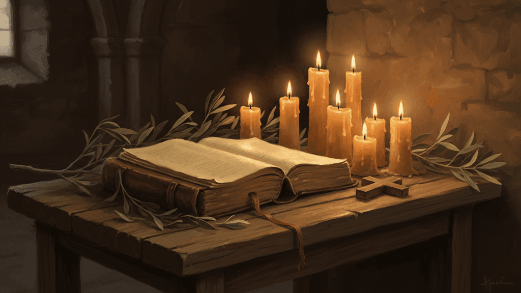 Worn leather-bound prayer book lying open beside nine flickering beeswax candles on a simple wooden altar, warm amber light pooling across the page, dried olive branches and a small wooden cross resting nearby, intimate chapel atmosphere with deep shadows and gentle glow
