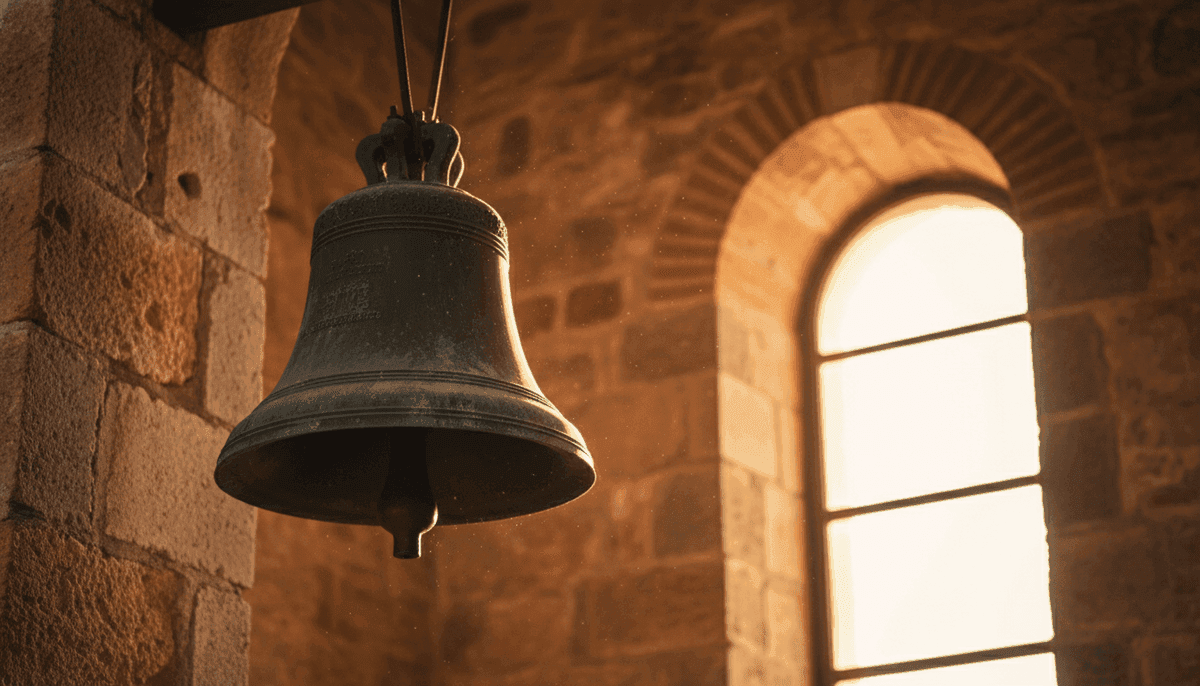 Sunlit stone church tower with bells at noon, casting golden shadows — symbolizing the Angelus call to prayer