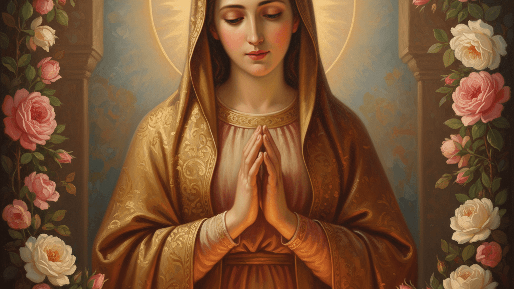 Mary depicted in golden light, hands clasped in prayer, surrounded by roses — Hail Holy Queen guide