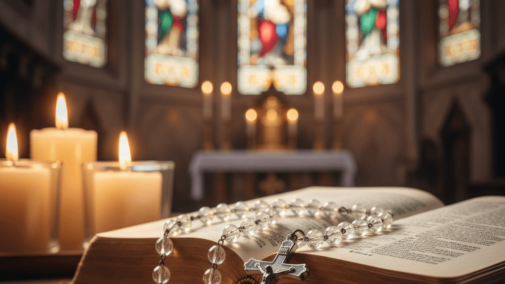 Crystal rosary beads draped across an open Bible illuminated by candlelight — a guide to praying the Rosary