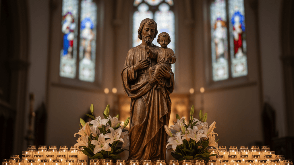 Wooden statue of St. Joseph holding the infant Jesus, surrounded by white lilies and warm candlelight in a Catholic church alcove