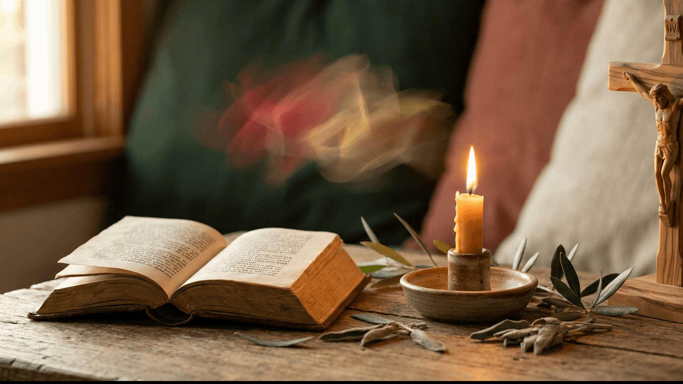 A small open Bible on worn parchment beside a single beeswax candle in warm amber light, with a faint suggestion of red and gold flame hanging in the air above — a visual of the Holy Spirit's descent at Pentecost