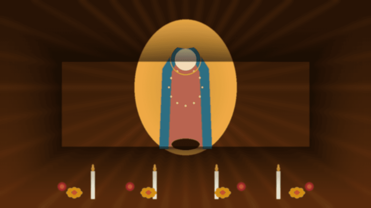 Our Lady of Guadalupe image on a tilma displayed in a Mexican basilica, surrounded by flickering candles and marigold offerings
