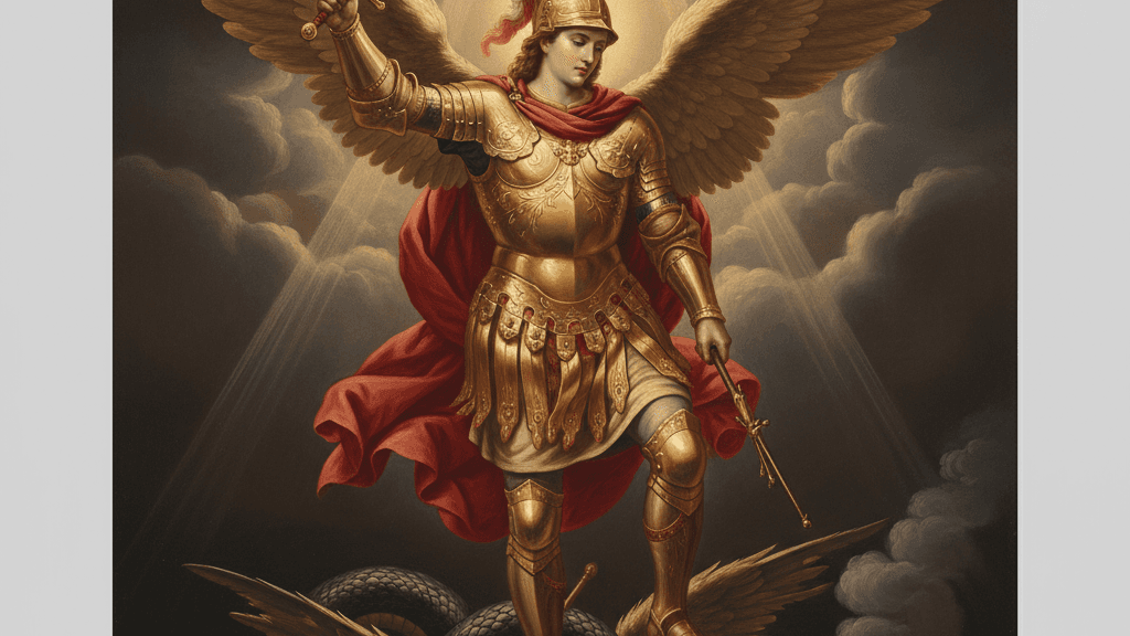St. Michael the Archangel in golden armor wielding a flaming sword — Catholic prayer guide