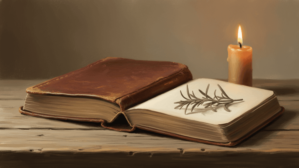 A worn leather breviary open on a wooden table beside a single lit candle, soft golden light, a dried sprig of rosemary resting on the page, quiet contemplative Carmelite mood, warm cream and sage tones