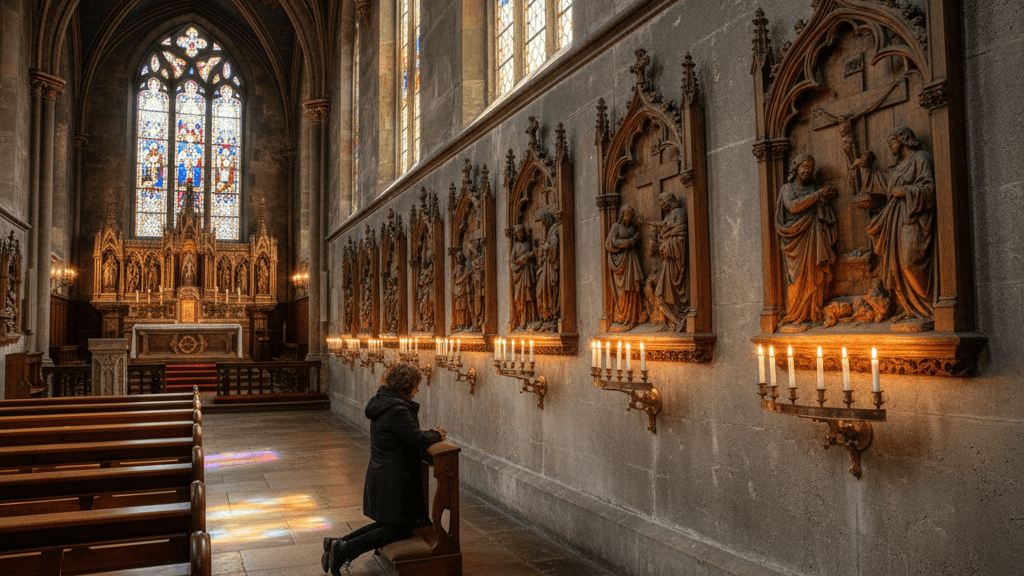 Carved wooden Stations of the Cross reliefs on a stone church wall, illuminated by candlelight with stained glass casting colored light