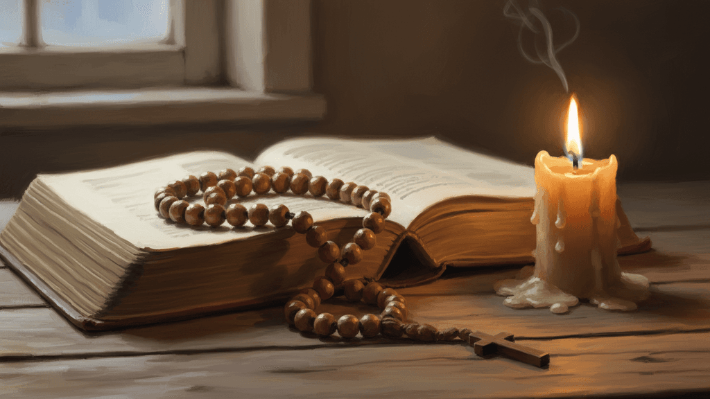 Worn wooden rosary beads resting on an open prayer book beside a flickering candle — restoring contemplation to the Catholic Rosary