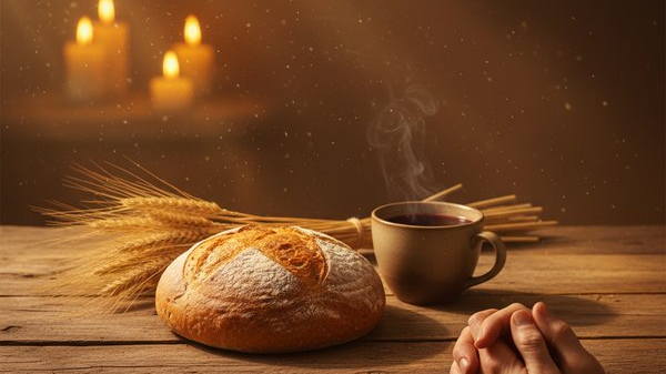 A sunlit family table set for a meal, warm bread and produce, with hands joined in prayer — evoking Catholic grace before meals
