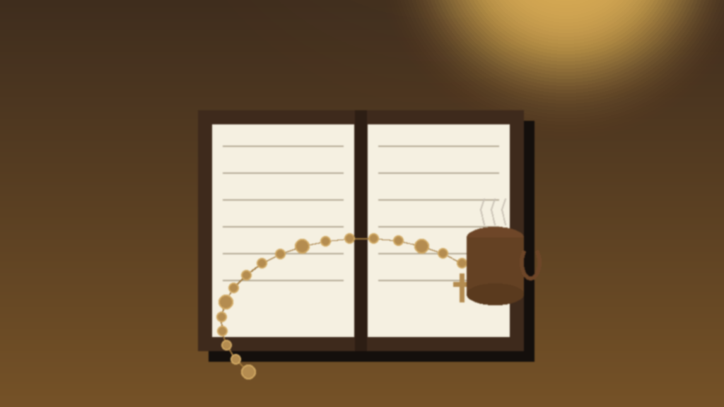 A wooden rosary and an open prayer book on a windowsill with morning light — starting a daily prayer routine