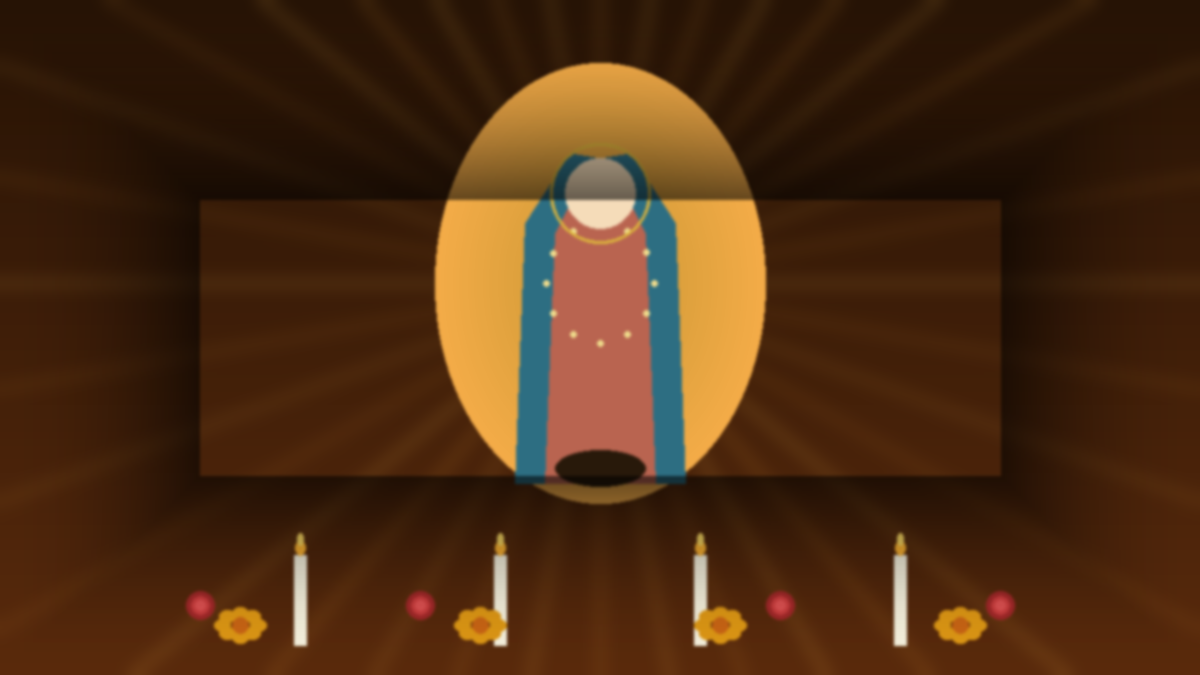 Our Lady of Guadalupe image on a tilma displayed in a Mexican basilica, surrounded by flickering candles and marigold offerings